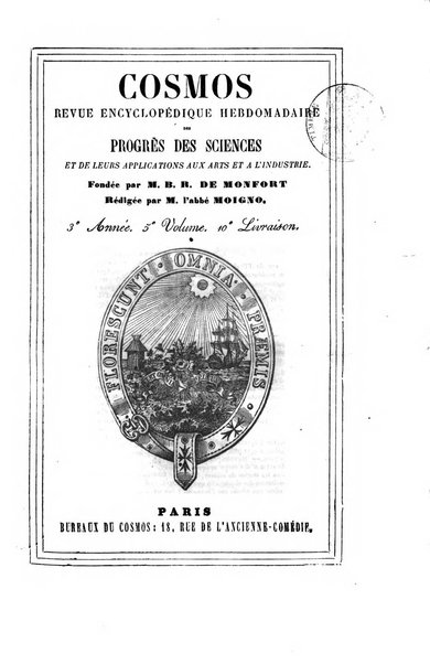 Le cosmos revue encyclopedique hebdomadaire des progres des sciences et de leurs applications aux arts et a l'industrie