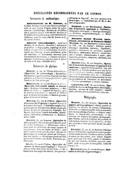 Le cosmos revue encyclopedique hebdomadaire des progres des sciences et de leurs applications aux arts et a l'industrie