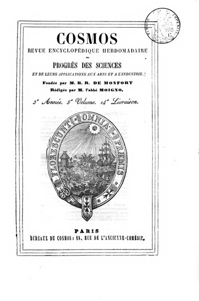 Le cosmos revue encyclopedique hebdomadaire des progres des sciences et de leurs applications aux arts et a l'industrie