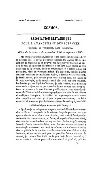 Le cosmos revue encyclopedique hebdomadaire des progres des sciences et de leurs applications aux arts et a l'industrie