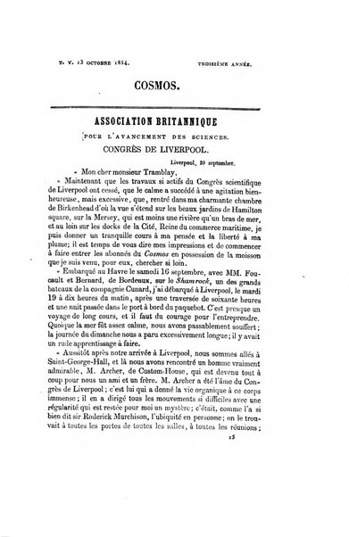 Le cosmos revue encyclopedique hebdomadaire des progres des sciences et de leurs applications aux arts et a l'industrie