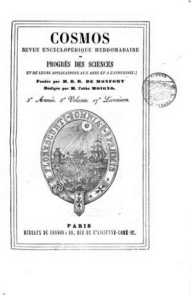 Le cosmos revue encyclopedique hebdomadaire des progres des sciences et de leurs applications aux arts et a l'industrie