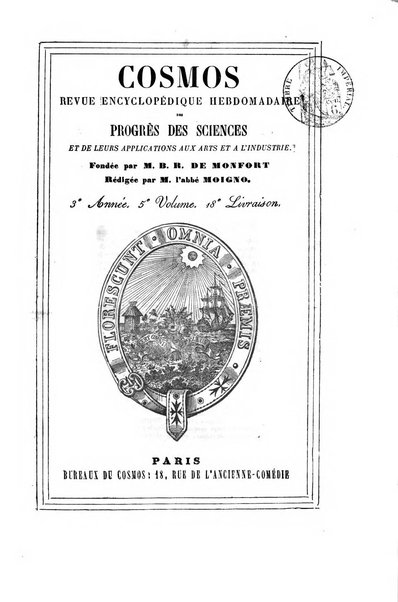 Le cosmos revue encyclopedique hebdomadaire des progres des sciences et de leurs applications aux arts et a l'industrie