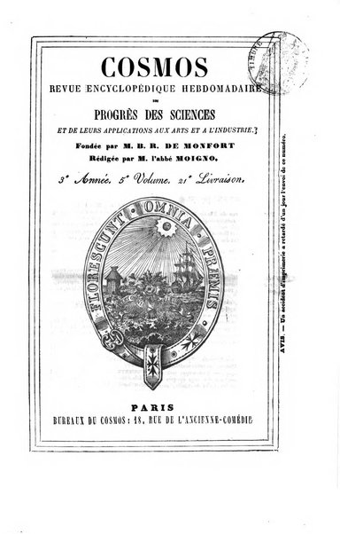 Le cosmos revue encyclopedique hebdomadaire des progres des sciences et de leurs applications aux arts et a l'industrie