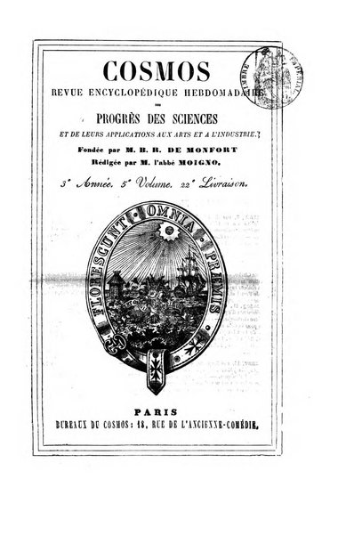 Le cosmos revue encyclopedique hebdomadaire des progres des sciences et de leurs applications aux arts et a l'industrie