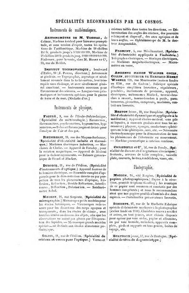 Le cosmos revue encyclopedique hebdomadaire des progres des sciences et de leurs applications aux arts et a l'industrie