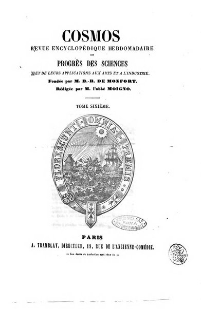 Le cosmos revue encyclopedique hebdomadaire des progres des sciences et de leurs applications aux arts et a l'industrie