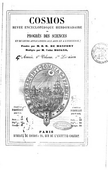 Le cosmos revue encyclopedique hebdomadaire des progres des sciences et de leurs applications aux arts et a l'industrie