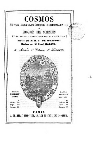 Le cosmos revue encyclopedique hebdomadaire des progres des sciences et de leurs applications aux arts et a l'industrie