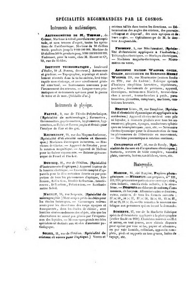 Le cosmos revue encyclopedique hebdomadaire des progres des sciences et de leurs applications aux arts et a l'industrie