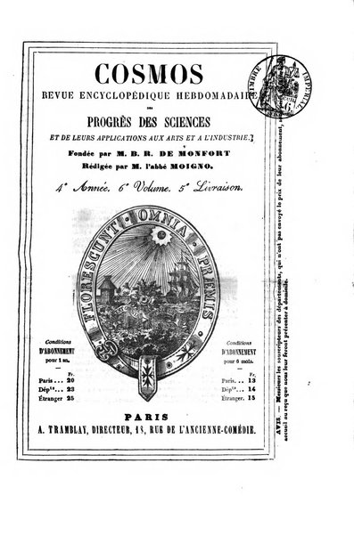 Le cosmos revue encyclopedique hebdomadaire des progres des sciences et de leurs applications aux arts et a l'industrie