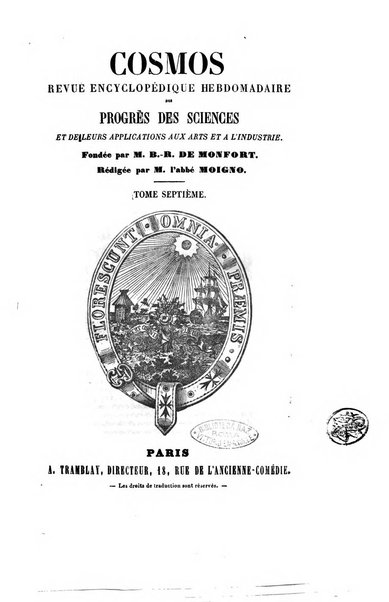 Le cosmos revue encyclopedique hebdomadaire des progres des sciences et de leurs applications aux arts et a l'industrie