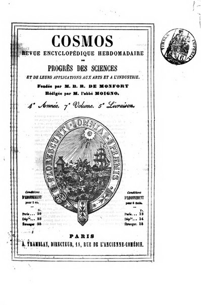 Le cosmos revue encyclopedique hebdomadaire des progres des sciences et de leurs applications aux arts et a l'industrie