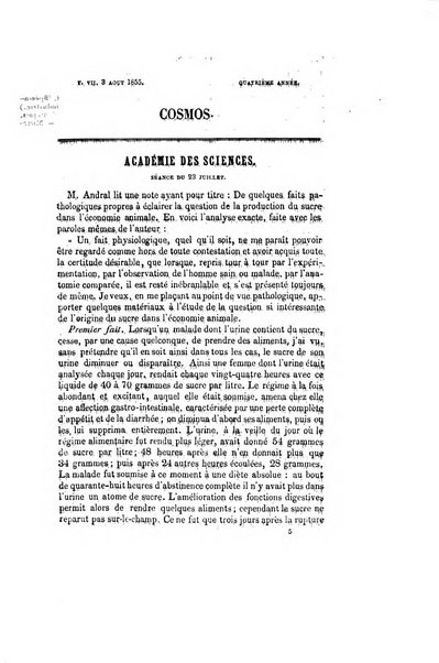 Le cosmos revue encyclopedique hebdomadaire des progres des sciences et de leurs applications aux arts et a l'industrie