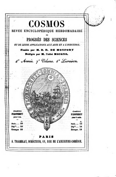 Le cosmos revue encyclopedique hebdomadaire des progres des sciences et de leurs applications aux arts et a l'industrie