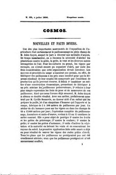 Le cosmos revue encyclopedique hebdomadaire des progres des sciences et de leurs applications aux arts et a l'industrie