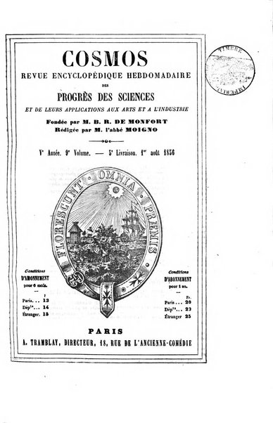 Le cosmos revue encyclopedique hebdomadaire des progres des sciences et de leurs applications aux arts et a l'industrie