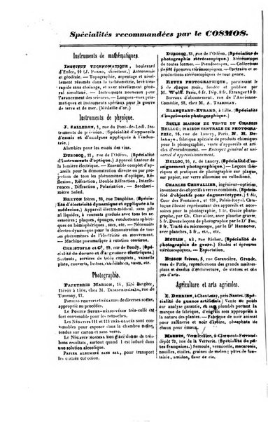 Le cosmos revue encyclopedique hebdomadaire des progres des sciences et de leurs applications aux arts et a l'industrie