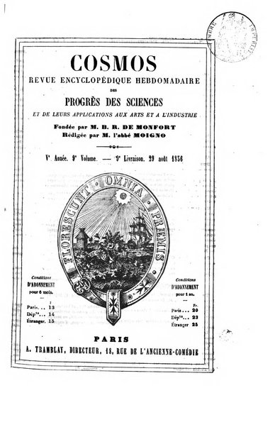 Le cosmos revue encyclopedique hebdomadaire des progres des sciences et de leurs applications aux arts et a l'industrie