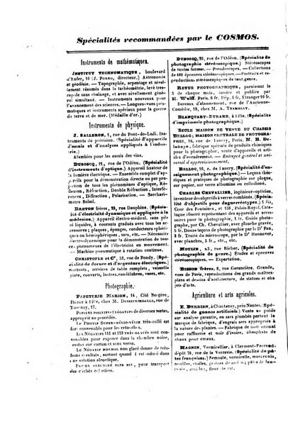 Le cosmos revue encyclopedique hebdomadaire des progres des sciences et de leurs applications aux arts et a l'industrie