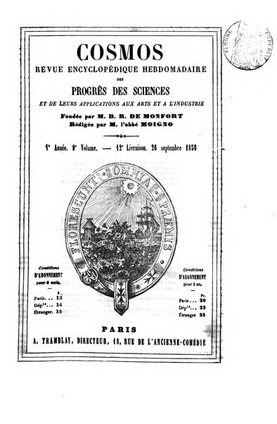 Le cosmos revue encyclopedique hebdomadaire des progres des sciences et de leurs applications aux arts et a l'industrie