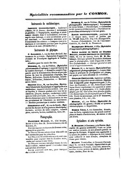 Le cosmos revue encyclopedique hebdomadaire des progres des sciences et de leurs applications aux arts et a l'industrie