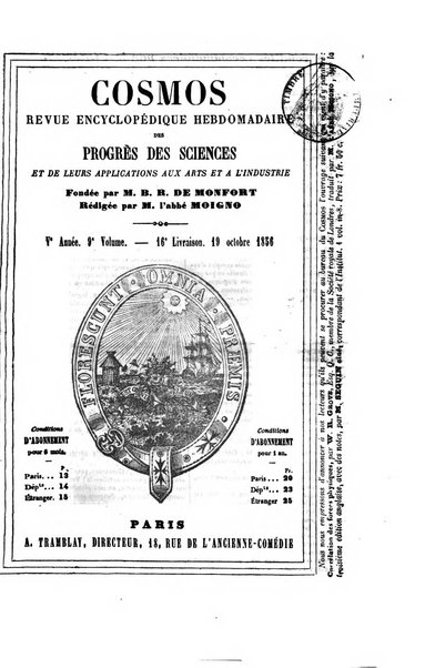 Le cosmos revue encyclopedique hebdomadaire des progres des sciences et de leurs applications aux arts et a l'industrie