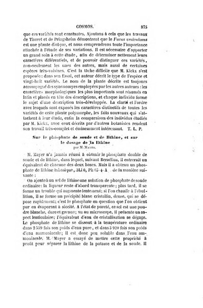 Le cosmos revue encyclopedique hebdomadaire des progres des sciences et de leurs applications aux arts et a l'industrie