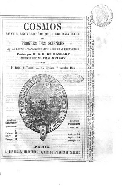 Le cosmos revue encyclopedique hebdomadaire des progres des sciences et de leurs applications aux arts et a l'industrie