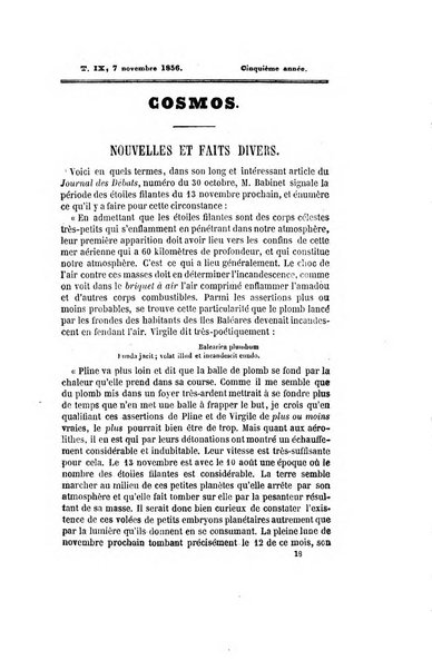 Le cosmos revue encyclopedique hebdomadaire des progres des sciences et de leurs applications aux arts et a l'industrie