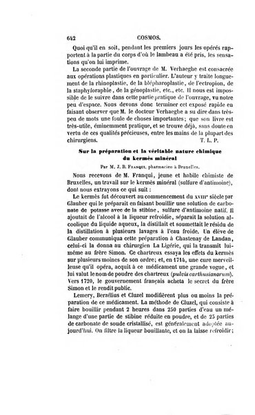 Le cosmos revue encyclopedique hebdomadaire des progres des sciences et de leurs applications aux arts et a l'industrie