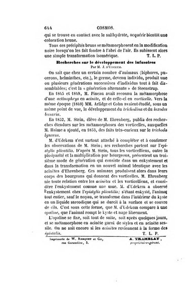 Le cosmos revue encyclopedique hebdomadaire des progres des sciences et de leurs applications aux arts et a l'industrie