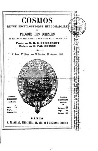 Le cosmos revue encyclopedique hebdomadaire des progres des sciences et de leurs applications aux arts et a l'industrie