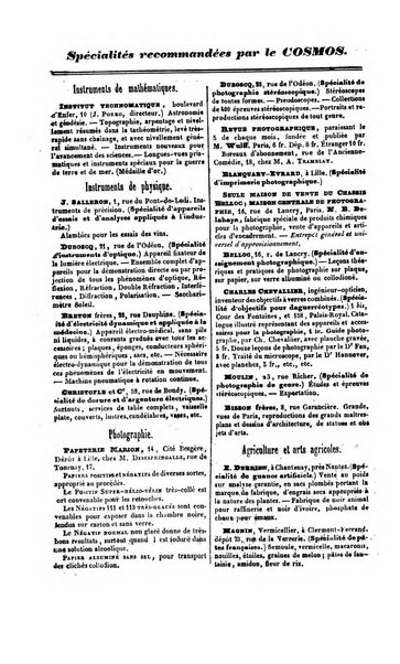 Le cosmos revue encyclopedique hebdomadaire des progres des sciences et de leurs applications aux arts et a l'industrie