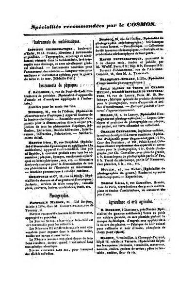 Le cosmos revue encyclopedique hebdomadaire des progres des sciences et de leurs applications aux arts et a l'industrie