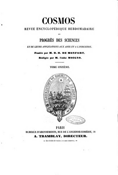 Le cosmos revue encyclopedique hebdomadaire des progres des sciences et de leurs applications aux arts et a l'industrie