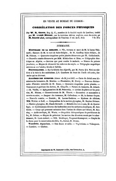 Le cosmos revue encyclopedique hebdomadaire des progres des sciences et de leurs applications aux arts et a l'industrie