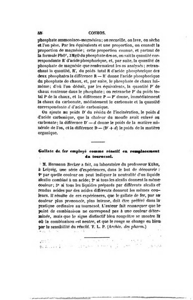 Le cosmos revue encyclopedique hebdomadaire des progres des sciences et de leurs applications aux arts et a l'industrie