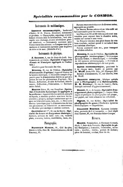 Le cosmos revue encyclopedique hebdomadaire des progres des sciences et de leurs applications aux arts et a l'industrie