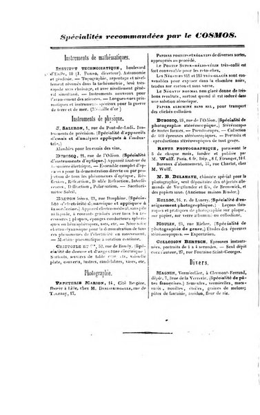 Le cosmos revue encyclopedique hebdomadaire des progres des sciences et de leurs applications aux arts et a l'industrie