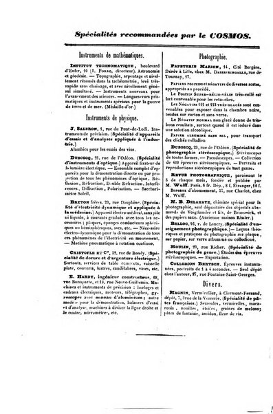 Le cosmos revue encyclopedique hebdomadaire des progres des sciences et de leurs applications aux arts et a l'industrie