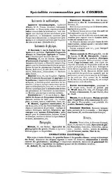 Le cosmos revue encyclopedique hebdomadaire des progres des sciences et de leurs applications aux arts et a l'industrie