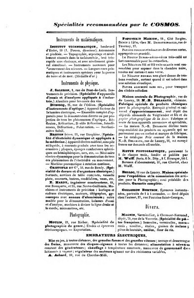 Le cosmos revue encyclopedique hebdomadaire des progres des sciences et de leurs applications aux arts et a l'industrie