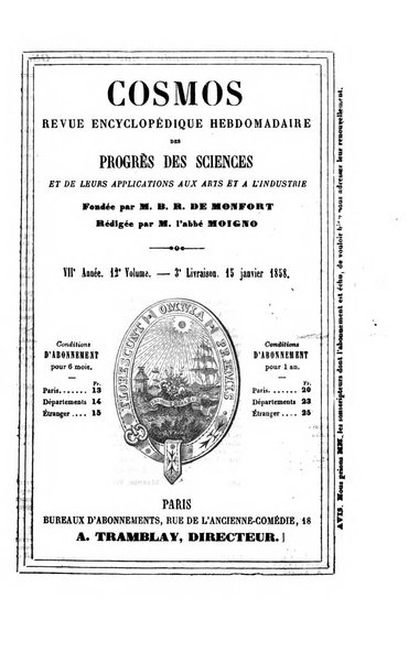 Le cosmos revue encyclopedique hebdomadaire des progres des sciences et de leurs applications aux arts et a l'industrie