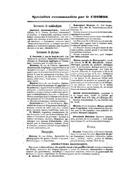 Le cosmos revue encyclopedique hebdomadaire des progres des sciences et de leurs applications aux arts et a l'industrie