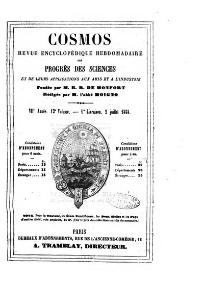 Le cosmos revue encyclopedique hebdomadaire des progres des sciences et de leurs applications aux arts et a l'industrie