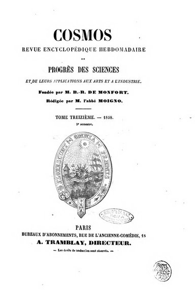 Le cosmos revue encyclopedique hebdomadaire des progres des sciences et de leurs applications aux arts et a l'industrie