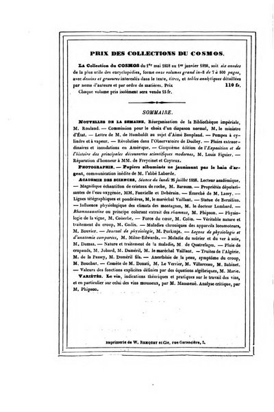 Le cosmos revue encyclopedique hebdomadaire des progres des sciences et de leurs applications aux arts et a l'industrie