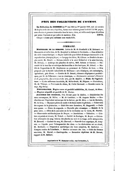 Le cosmos revue encyclopedique hebdomadaire des progres des sciences et de leurs applications aux arts et a l'industrie