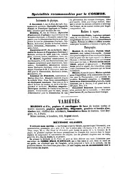 Le cosmos revue encyclopedique hebdomadaire des progres des sciences et de leurs applications aux arts et a l'industrie